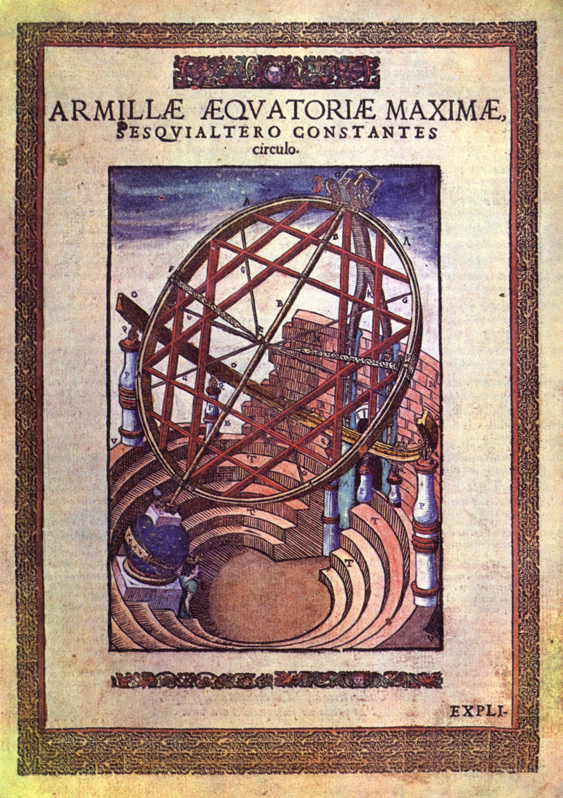 Большая армиллярная сфера Тихо Браге для измерения угловых расстояний светил (из труда Браге 'Механика, обновленная астрономией', Виндсбек, 1598 г.)