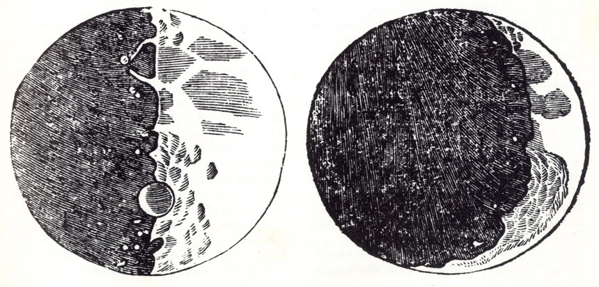 Такой Галилей увидел Луну в свой телескоп. Неровная линия границы между затененной и освещенной частями свидетельствует о наличии долин и гор