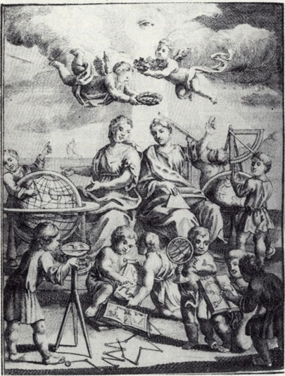 Гравюра из учебника по астрономии XVIII в. - аллегорическое изображение, символизирующее тесную связь между астрономией и исследованиями Земли
