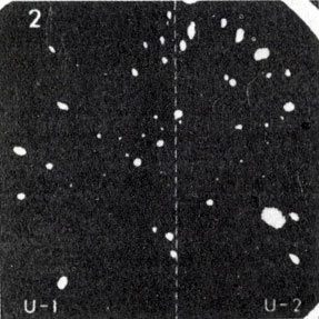 Фотографии одного и того же участка неба, сделанные на наземной обсерватории (внизу) и с борта орбитальной астрономической обсерватории ОАО-2 (вверху) в УФ-диапазоне на различных длинах волн